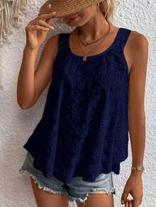 Plus Women' Solid Color Hollow Out Embroidery Tank Top - Navy Blue - View 2