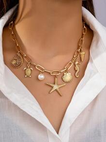 1pc Metallic Ocean Creature Pendant & Faux Pearl Chunky Chain Necklace, Suitable For Women Beach Vacation Outfit