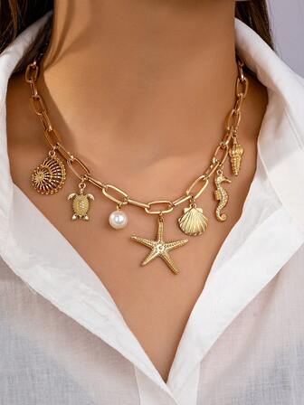 1 pieza Colgante de criatura oceánica metálica y collar de cadena gruesa con perlas falsas, adecuado para el atuendo de vacaciones en la playa de las mujeres