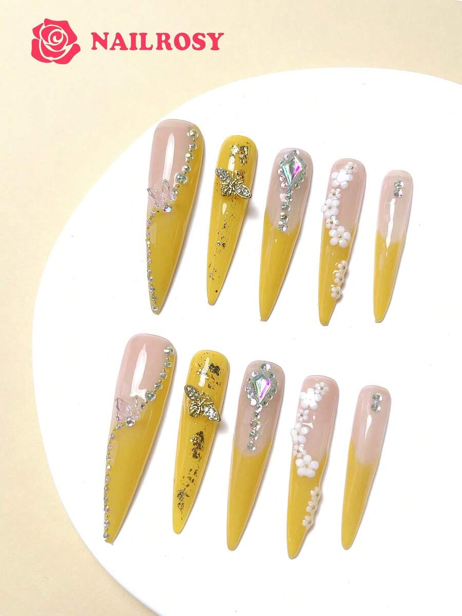 10 件手工按压式假指甲假指甲贴指甲贴水钻装饰法式白蝴蝶短眼猫 3D 创意趣味漫画花朵可爱现代日式风格