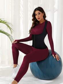 女士运动桑拿服，适合健身出汗，时尚显瘦，促进减肥，有助于塑形。配有固定式胸部支撑桑拿背心，适合跑步、瑜伽和燃脂训练。也可用作性感运动服。包含腰带修剪器，可用于健身塑身衣和塑形健身房配件、收腹带、腰带、收腹束腹带