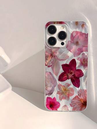 Flower 1pc Fashionable Pink Floral Patchwork Printed Transparent Soft & Smooth Anti-Fingerprint Anti-Scratch Glossy IMD Phone Case Waterproof Shockproof Anti-Fall