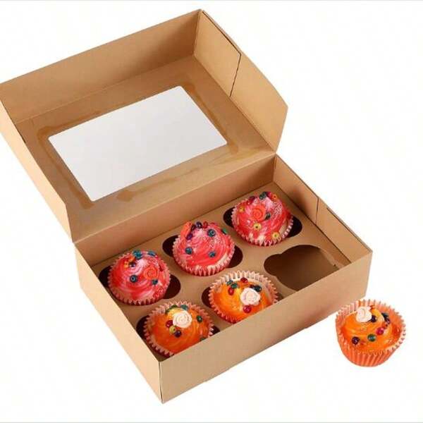 10 Pcs 4/ 6 Cupcake Boxes, Brown Kraft Cupcake Containers 6 Count With Window And Inserts Cupcake Holders For Cupcakes, Muffins, Desserts, Pastries