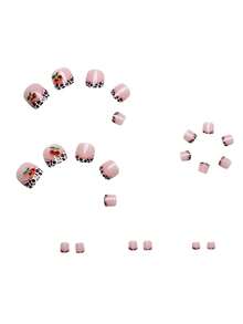 24 móng chân giả hình vuông kiểu Pháp cỡ trung, họa tiết anh đào và họa tiết da báo, nghệ thuật làm móng chân bóng, đi kèm dụng cụ dán, thích hợp để sử dụng hàng ngày, móng chân giả, dụng cụ làm móng - Nhiều màu - Xem 3