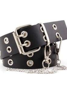Punk Rock Belt With Double Eyelet Chain - Black - View 2