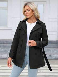 Risissida Women's Double-Breasted Trench Coat, Suitable For Commuting & Casual Wear, Solid Color Design, Fashion & Versatile For Spring & Autumn - Black - View 2