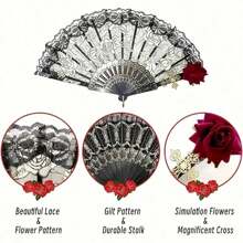 Elegant Vintage Spanish Lace Fans With Rose And Lace Design - Ideal For Women's Gatherings, Weddings And Gifts, Suitable For Halloween, Valentine's Day Summer Cooling,Beach,Travel