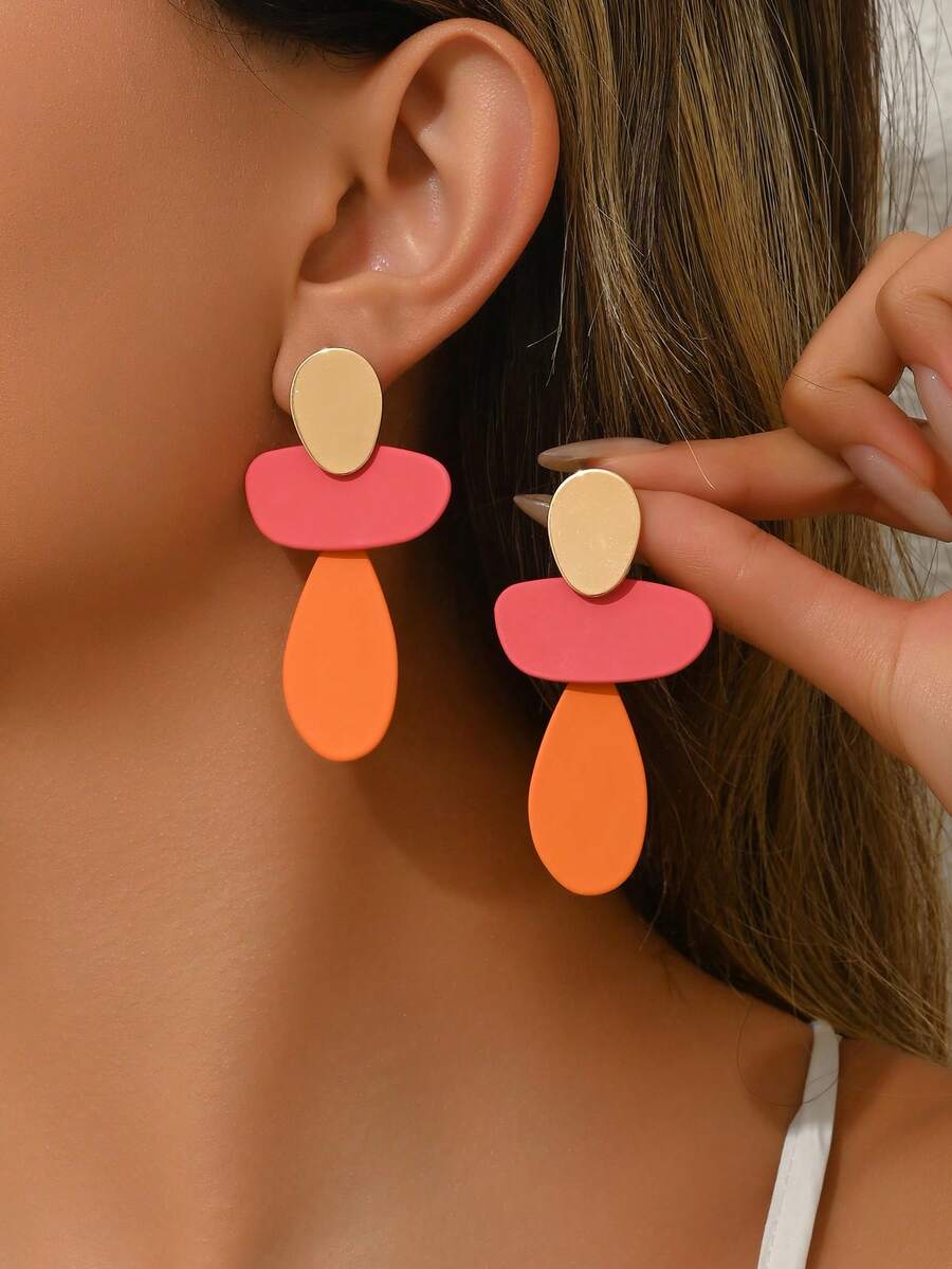 1对时尚简约几何圆形铁片DIY拼接多色豹纹工艺耳环，新增奶牛纹几何拼接耳环，椭圆形豹纹铁圈金色耳钉，新增深红色几何拼接耳环，多枚金色圆环拼接钻石形耳环，女士珠宝耳环，适合派对、约会、晚宴、日常佩戴。金属表面为手工绘制，可能存在细微瑕疵，但依然美观。谢谢。 - 彩色 - 查看 1