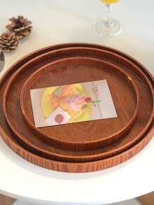 1件装复古蛋糕托盘木制家用茶盘餐饮托盘咖啡厅圆形小吃托盘茶水托盘储物托盘 - 棕色 - 查看 6