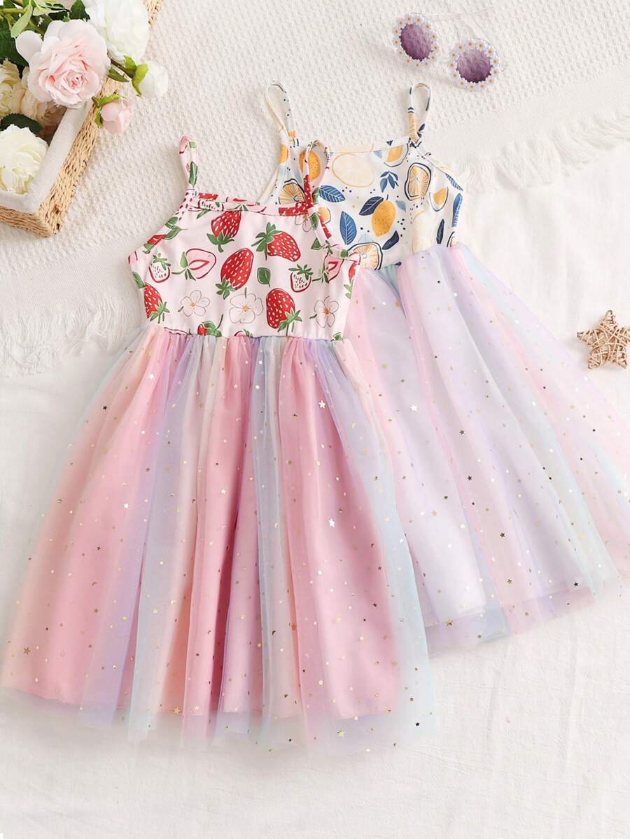 2pcs/Set Girls' Summer Spaghetti Strap Mesh Tulle Dress, Ditsy Floral, 4-7 Years Old