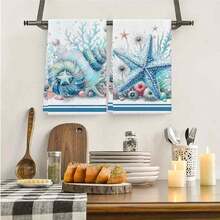 2/4 件套沿海航海厨房毛巾 - 超柔软超细纤维洗碗布，吸水珊瑚和海星海滨茶巾，适用于农舍厨房浴室装饰，卡通编织毛巾，40x60cm - 夏季礼物