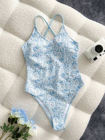 新款春夏海滩泳池派对纯色蕾丝面料细肩带女式连体泳衣