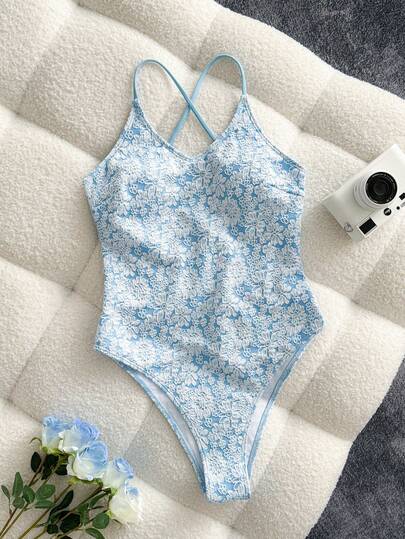 新款蕾丝面料细肩带纯色连体泳衣（女款）度假沙滩