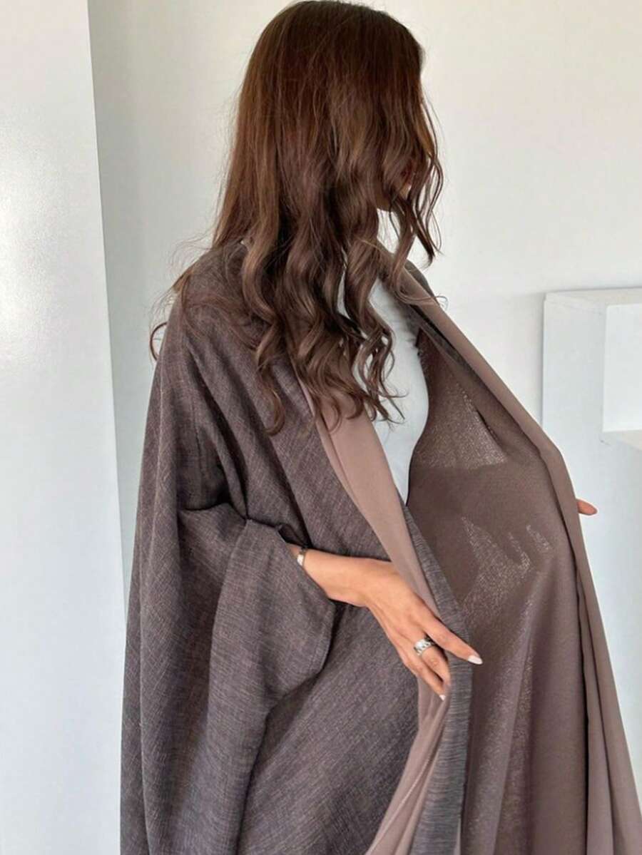 1pc Women Long Batwing Sleeve Linen Robe Abaya Robe Cardigan, Dubai Arabic Retro Style, Loose Casual Fashion, Suitable For Daily Wear, Gatherings, Modest Kaftan