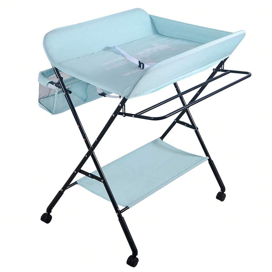 Changing Table, 80*66*98cm Foldable, Portable Changing Table With Storage Basket, Belt And 4 Wheels With Brakes, Height Adjustable.