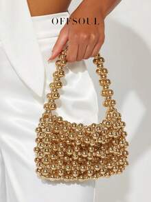 European Retro Handmade Acrylic Metal Beaded Hollow Square Clutch Bag, Versatile Purse Pouch, Fits Cellphone, Ideal For Party, Wedding, Evening Dress - Gold - View 6