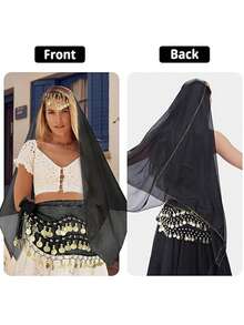 4pcs Belly Dance Costume Set, Including Chiffon Hip Scarf, Headscarf With Coins, And 2pcs Coin Bracelets, Halloween Theme - Multicolor - View 6