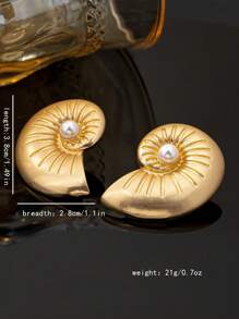 1 Pair Fashionable Sea Vacation Style Exaggerated Matte Metal Sea Shell & Pearl Earrings For Party & Holidays, Suitable For Spring/Summer