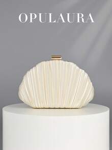OpulAura Women's Elegant/Luxury Box Pleated Satin Party Clutch, Romantic Wedding Handbag, Charming/Delicate Evening Dress Bag, Minimalist Apricot Box-Shaped Purse With Detachable Chain, Suitable As Holiday Gift, Clutch Bag For Wedding - Apricot - View 1