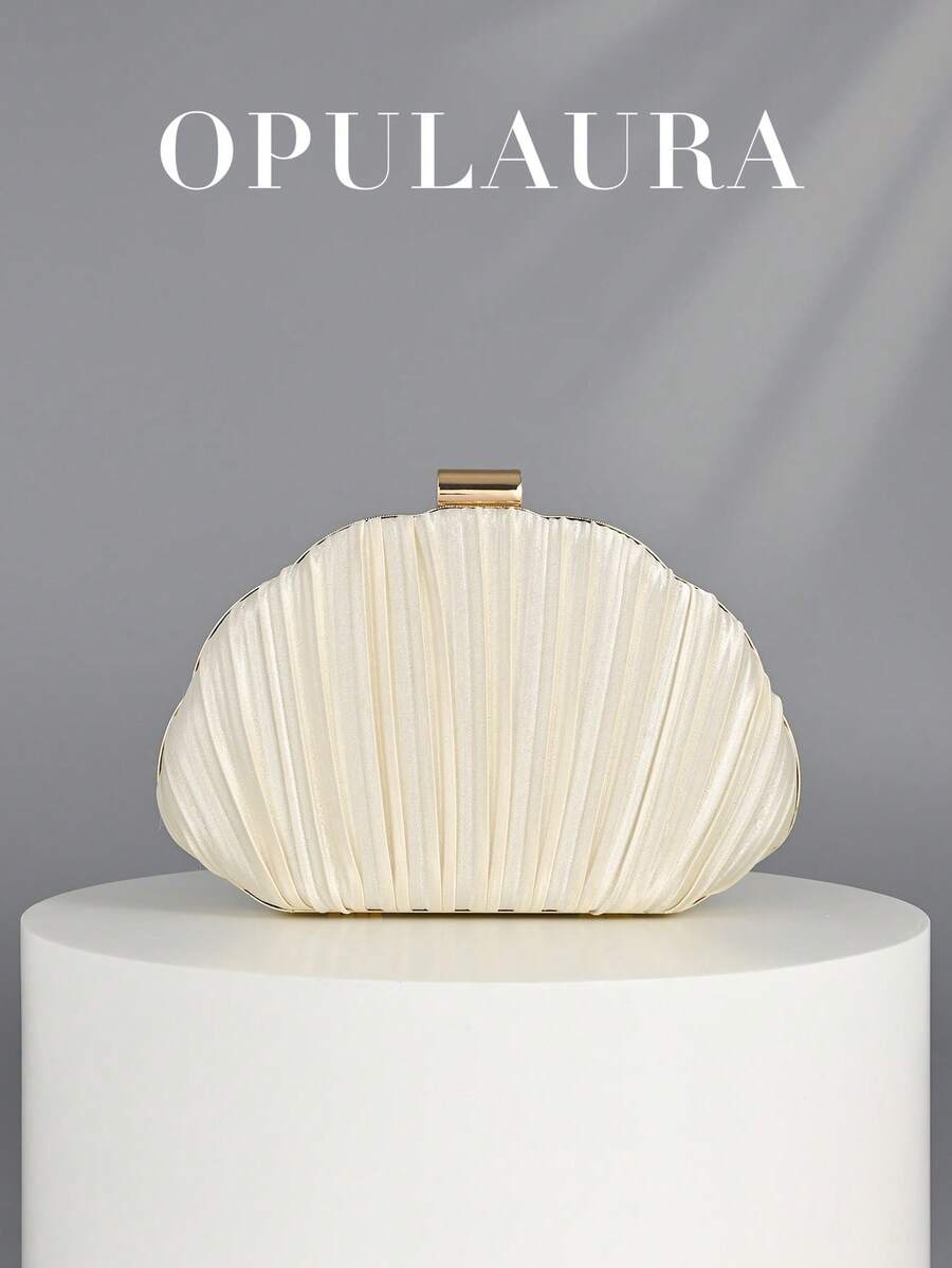 OpulAura Women's Elegant/Luxury Box Pleated Satin Party Clutch, Romantic Wedding Handbag, Charming/Delicate Evening Dress Bag, Minimalist Apricot Box-Shaped Purse With Detachable Chain, Suitable As Holiday Gift, Clutch Bag For Wedding - Apricot - View 1