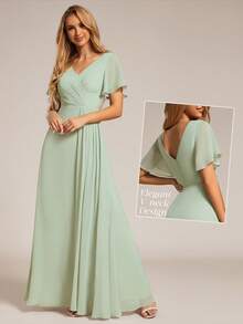 浪漫蝴蝶袖荷叶边雪纺长款伴娘礼服，鼠尾草绿，春季 - 薄荷綠 - 查看 6