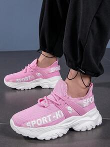 1 Par de Sapatos Esportivos Casuais Respiráveis com Malha e Antiderrapantes Confortáveis com Letras em Inglês para Crianças, Adequado para o Verão