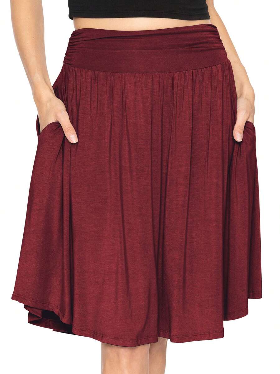 STRETCH IS COMFORT Women's And Plus Size Scoop Hem Flare Mid Length Skirt With Pockets | S-5X - Burgundy - View 1
