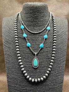 1 Set Fashionable Vintage Western Style Faux Pearl CCB Beaded 3 Layer Necklace, Pink/Black/Red/Blue/White/Yellow Waterdrop Pendant Chain For Women, Suitable For Daily Outfit, Party, Jewelry, Gift For Family/Friends/Yourself - Country Western Style - View 22