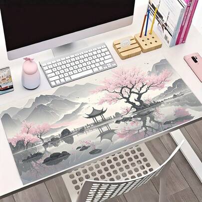 Mousepad gamer extra grande com estampa de flor de sakura em aquarela, antiderrapante e durável, ideal para e-sports, computador, escritório, mesa de jantar e ilha de cozinha (1 unidade).