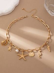 1pc Metallic Ocean Creature Pendant & Faux Pearl Chunky Chain Necklace, Suitable For Women Beach Vacation Outfit