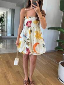 Casual Cute Vacation Floral Print Spaghetti Strap Camisole Ruffle Hem Dress