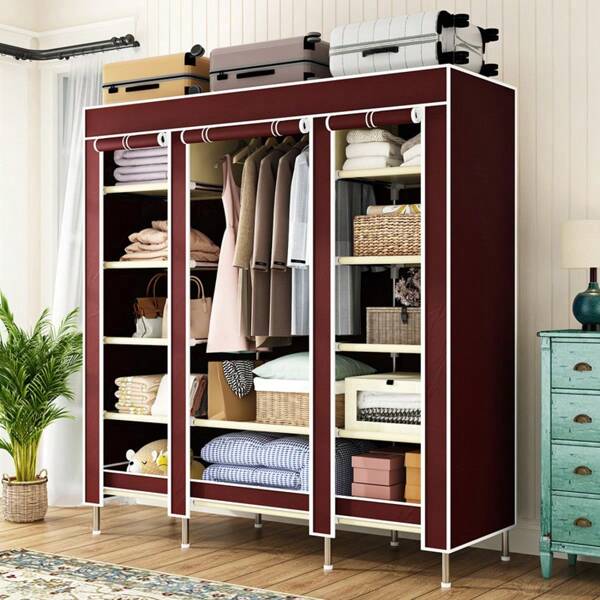 Leicht zu montierender Schlafzimmer-Kleiderschrank für Zuhause, robuster Stahlrahmen mit 12 Aufbewahrungsregalen und 1 Kleiderstange, 6 Reißverschluss-Vorhänge für Kleiderschrank-Aufbewahrung