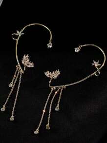 1pc Elegant Diamond Star & Leaf Tassel Ear Cuff Earring, Versatile Jewelry Gift For Women, Daily Wear