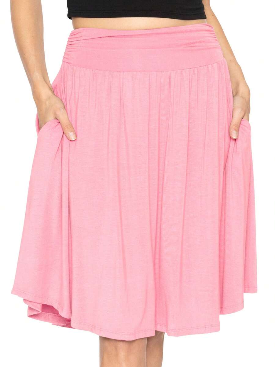 STRETCH IS COMFORT Women's And Plus Size Scoop Hem Flare Mid Length Skirt With Pockets | S-5X - Light Pink - 查看 1