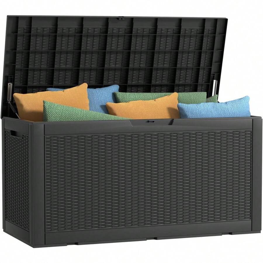 Outdoor Storage Housing Deck Box - Waterproof Patio Furniture, Garden Tools, Cushions, Pool Accessories Storage Bench With Lockable Lid And Side Handles VERSATILE DESIGN: The Outdoor Storage Housing Doubles As An End Table, Providing A Functional And Stylish Addition To Your Outdoor Space. WATERPROOF CONSTRUCTION: Made From High-Quality Resin, This Deck Box Is Built To Withstand The Elements, Keeping Your Belongings Safe And Dry All Year Round. LARGE STORAGE CAPACITY: With A 30-260 Gallon Interior, This Outdoor Storage Box Provides Ample Space For Storing Pool Towels, Garden Tools, And More. EASY TO ASSEMBLE AND USE: The Box Features A Simple Yet Sturdy Design, Making It Easy To Assemble And Install. Plus, Its Lockable Cover Provides Extra Security For Your Items. DURABLE AND LONG-LASTING: This Outdoor Storage Cabinet Is Designed To Withstand Daily Wear And Tear, Ensuring Long-Lasting Use For Years To Come. Its Sleek, Modern Design Also Complements Any Outdoor Decor Style. - 黑色 - 查看 1