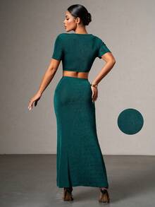 Persoshow Women's Solid Cropped Top And Skirt Set,Women's Summer Dresses, Vacation Outfits , Wedding Guest Dresses, Suitable For Weddings, Graduation Season - Teal Blue - View 3