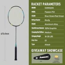 Kawasaki Badminton Racket Profional Graphite Lightweight High Tension Racquet For Attack And Defense-Passion P22 With Kawasaki String Bag Hand Grip - As Pic - View 7