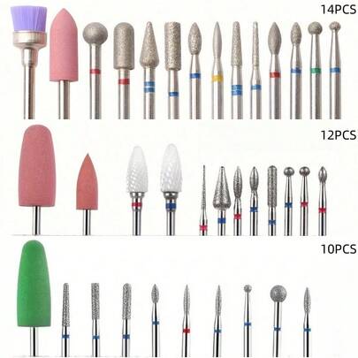 10/12/14pcs Diamond Nail Drill Bits Diamond Nail Drill Bits Set, Professional Hypoallergenic Rotary Cuticle Remover Kit, Electric Manicure & Pedicure Tools For Acrylic & Gel Nails With Color-Coded Tips, Nail Tech Supplies