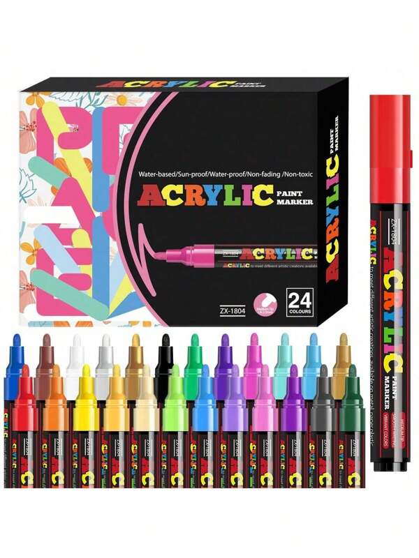 [Vivid Acrylic Marker Pen Set] 12/18/24 Pcs Vivid Acrylic Marker Pen Set - Medium (2-3mm) Marker Pens - For Rock Painting, Black Paper, Skateboard Decoration, Wood, Plastic, Canvas, Christmas Greetings Back To School