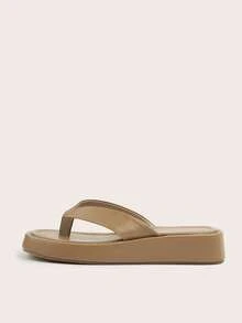 柔软防滑高品质真皮人字拖，时尚新款厚底拖鞋，舒适百搭，室内外皆宜，四季皆可穿着，坡跟设计（注意：新鞋鞋头部分可能略硬，建议在家穿着几次使其软化后再外出穿着，以减少摩擦），人字拖，春夏穿搭 - 卡其色 - 查看 3