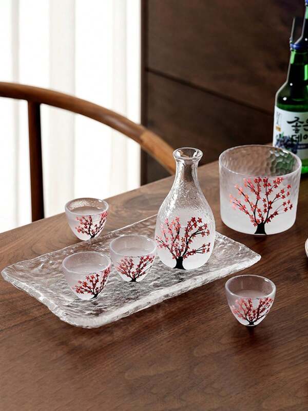 Sake pot de vidrio pintado a mano, nuevo sake pot con patrón de martillo artificial de cerezo, juego de copas de vino, sake pot con flor de ciruelo, utensilio de vino de vidrio japonés, calentador de vino blanco resistente al calor y al escaldado, dispensador de vino con diseño de asa estriada