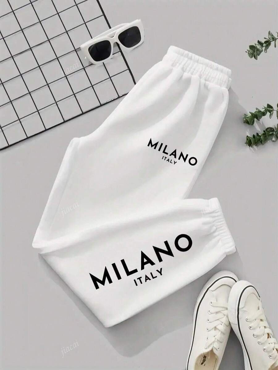 Milan Women's Sweatpants In Italian Print, Casual Knit Fabric, For All Seasons, With Pockets, Stylish Long Sweatpants, Suitable For Adults