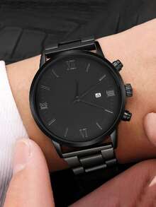 Watch 4pcs Men's Date Quartz Watch Set ,Ncluding Pendant Necklace Bracelet& Ring , The Best Gift For A Man