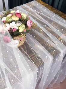 2pcs/1pc Faux Pearl Decor Table Runner, Wedding White Pearl Tulle Tablecloth, Wedding Decor Nylon Mesh Fabric, Pearl Hollow Out Mesh Fabric, Suitable For Wedding Arch Decor, Reception, Bridal Shower, Party Decor, Chair Sash, Event Backdrop