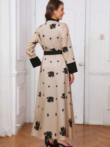 Women Elegant Floral Print Long Sleeve Cardigan, Versatile - Apricot - View 3