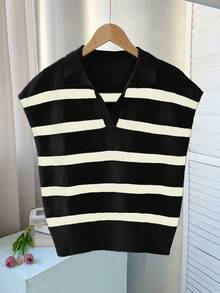 FOR BEAUTY 春夏新款复古条纹撞色翻领无袖针织衫，宽松休闲套头衫，通勤时尚上衣，新年新风尚 - 黑色 - 查看 3