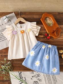 2pcs/Set Young Girl Casual 3D Flower Flounce Trim Top And Skirt Set, Summer - Apricot - View 1