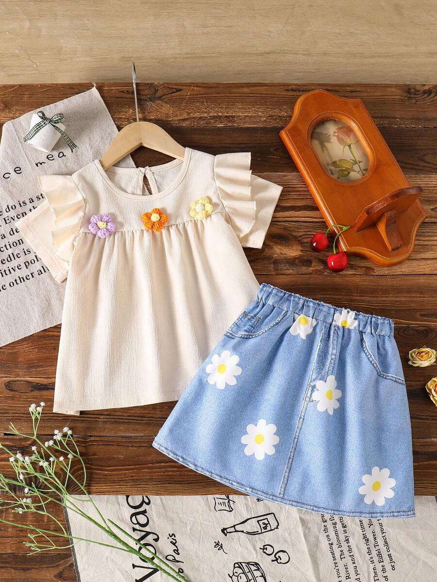 2pcs/Set Young Girl Casual 3D Flower Flounce Trim Top And Skirt Set, Summer - Apricot - View 1