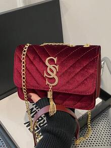 Women's Vintage Letter S Tassel Decor Suede Quilted Shoulder Bag, New Elegant Solid Color Square Mobile Phone Coin Evening Bag & Valentine's Day Gift, Versatile Travel Vacation Shopping Crossbody Bag, Lightweight Daily Commuting Office Chain Bags - Black - View 13