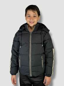 Boys' Children's Jacket Lined With Plush, Removable And Lined Hood - Black - View 1